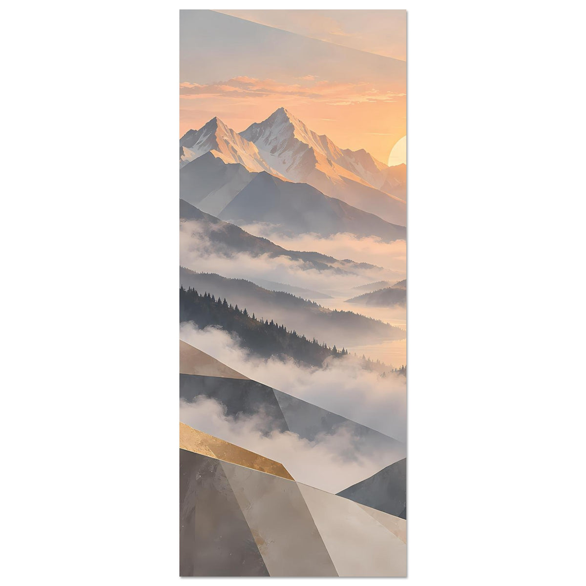 Vertikales Wandposter mit Bergsonnenaufgang, pastelliger Stimmung und goldfarbenen Linien