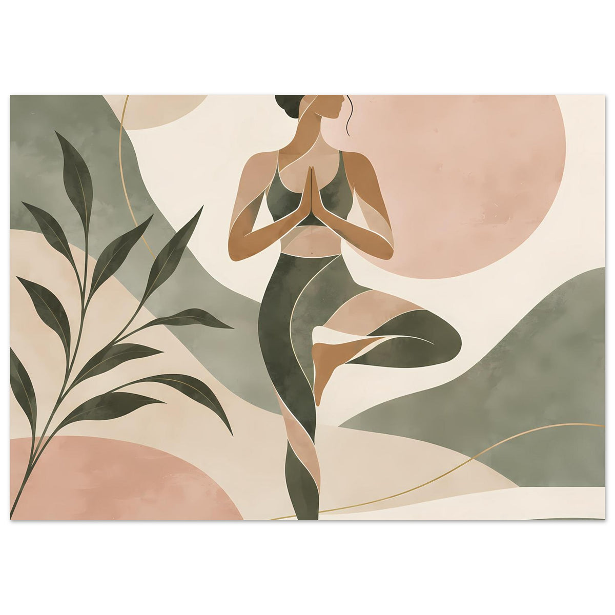Abstraktes Yoga-Poster mit meditierender Figur und Blattmotiv in Salbeigrün und Rosé
