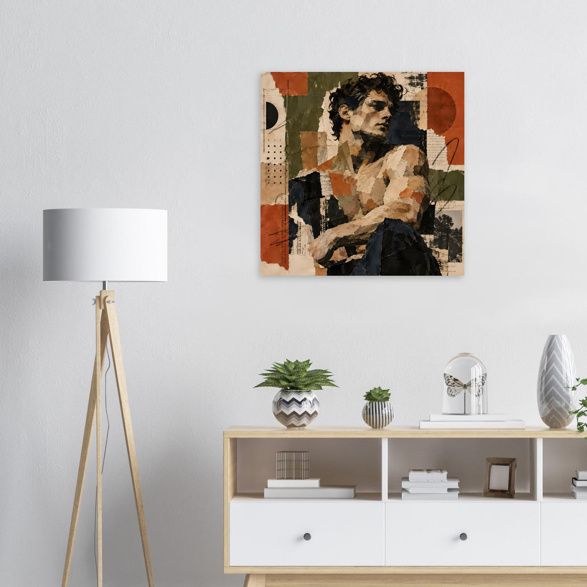 Vintage-Collagekunst-Poster mit Frauenporträt in Erdtönen und abstrakten Collage-Elementen