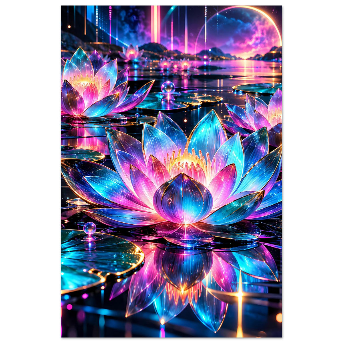Neon-Lotus-Poster im Hochformat mit zentraler Lotusblüte und buntem Lichthintergrund.
