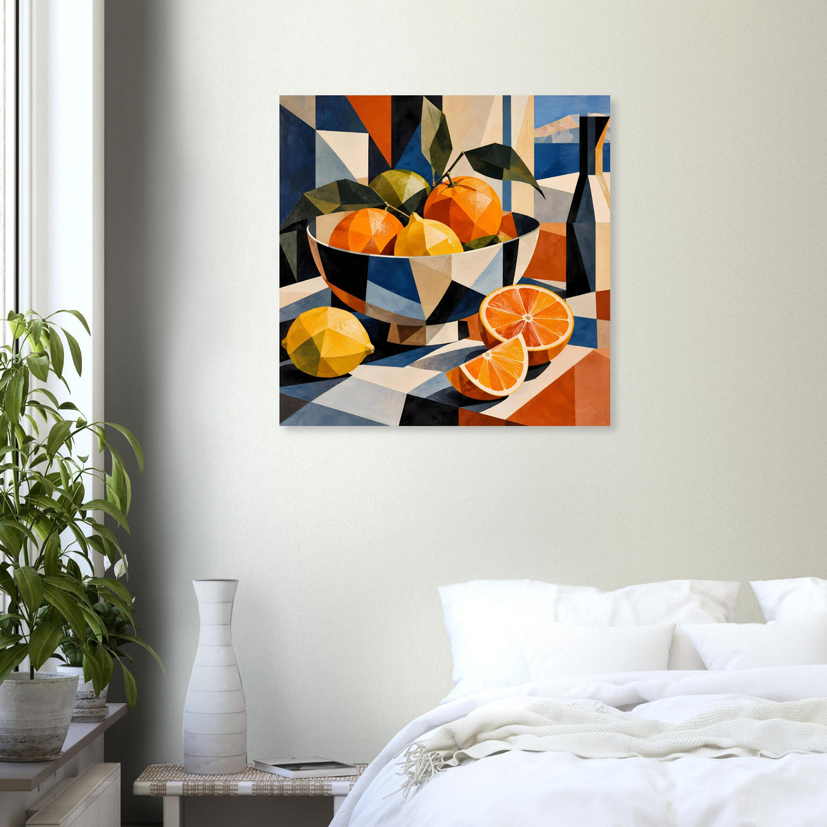 Wandposter mit kubistischem Zitrusstillleben: Schale, Orangenscheiben und abstrakte Muster in Blau