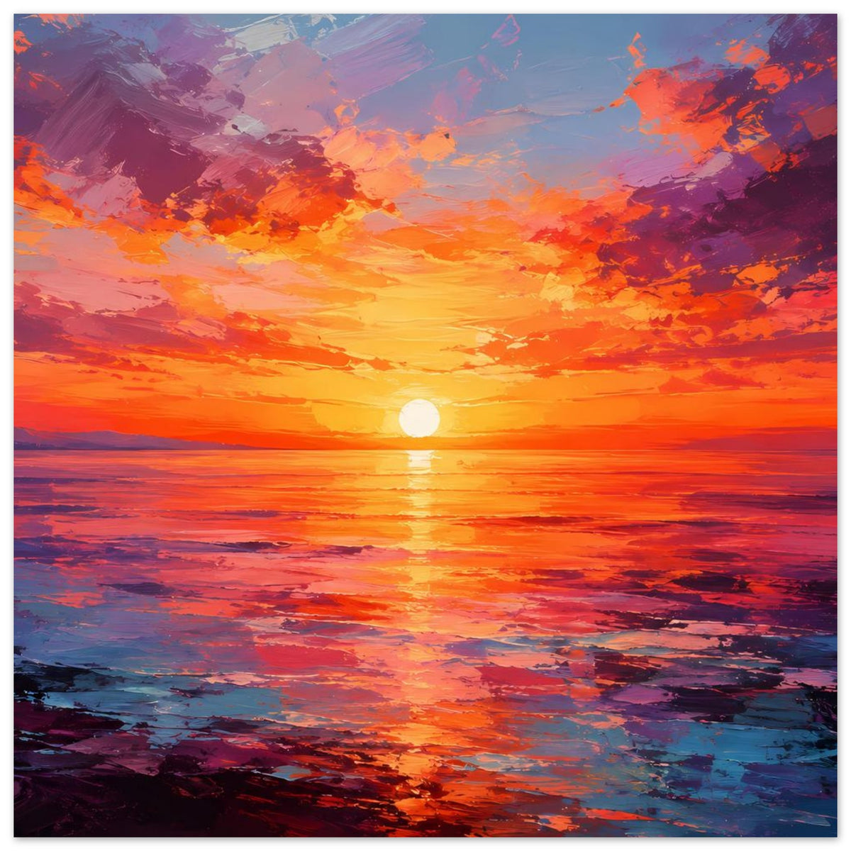 Quadratisches Poster mit reflektierender Sonne am Meer bei orange-violettem Himmel