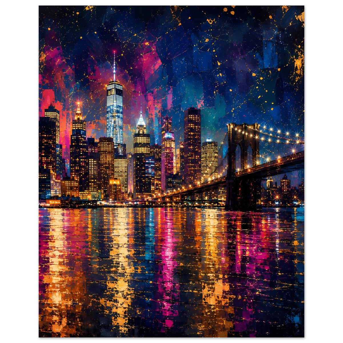 Abstraktes Stadtposter, Hochformat: Skyline bei Nacht mit Hängebrücke und farbigen Lichtreflexen