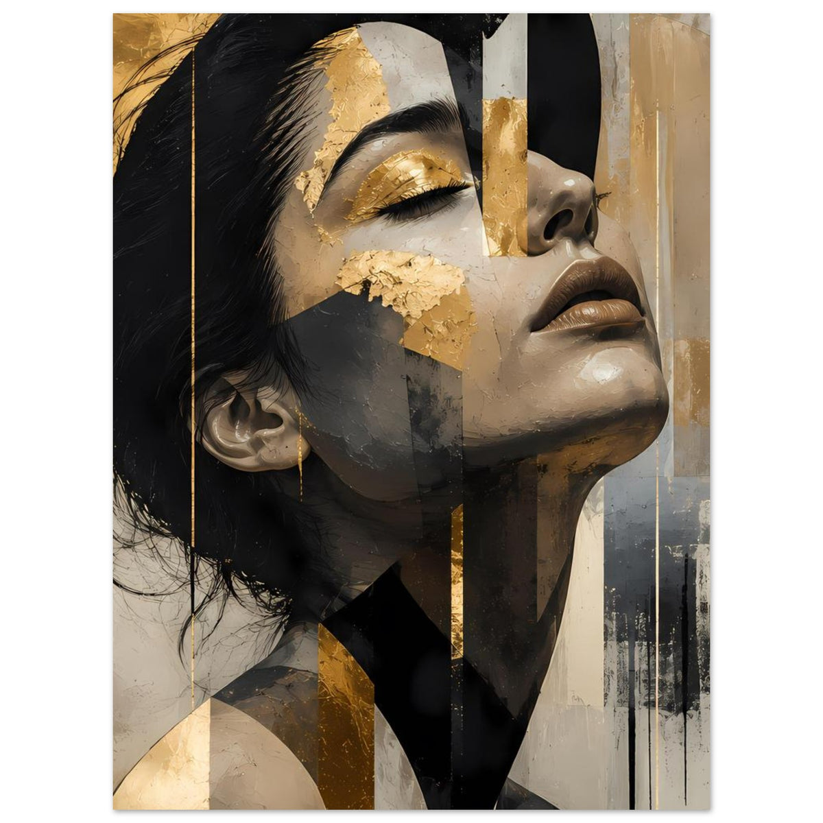 Frauenporträt-Poster mit Gesicht im Profil, Schwarz-Grau-Look und goldenen Texturflächen