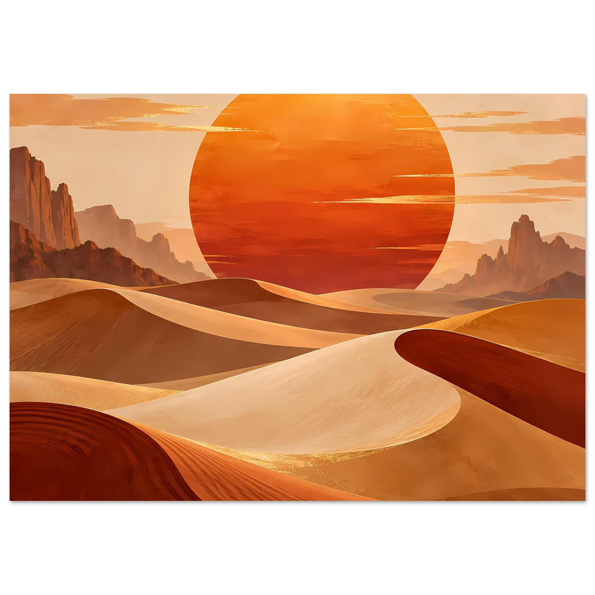 Wüstenlandschaft-Poster im Querformat: orange Sonne im Kreis über Dünen und Canyon
