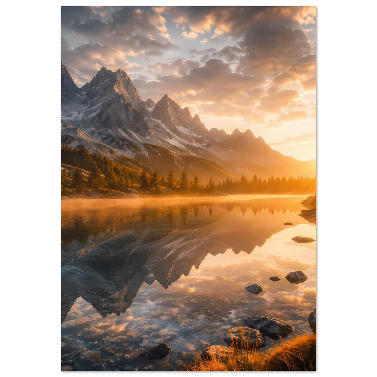 Vertikales Poster mit Berg- und Felslandschaft am See, goldenes Licht und Spiegelung