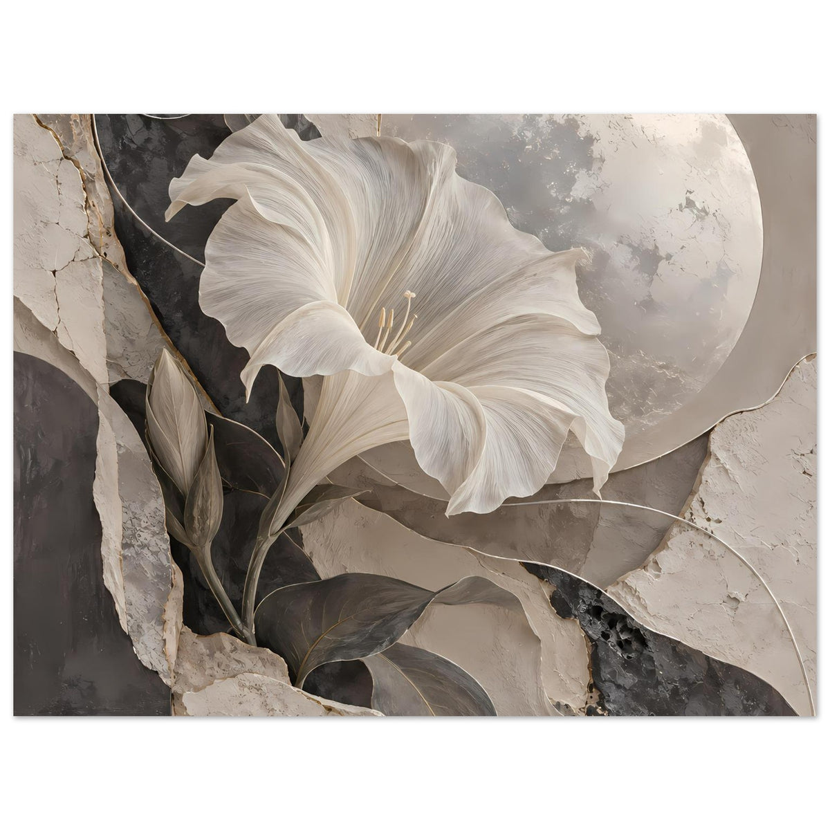 Kunstposter mit weißen Lilien vor großem Mond, eingerahmt von abstrakten Steinschichten