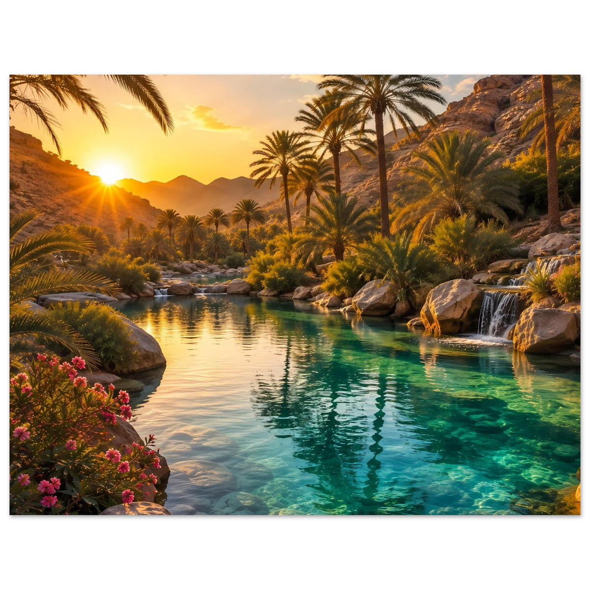 Horizontales Tropen-Poster: Sonnenuntergang, Palmen, türkisfarbenes Wasser und Wasserfall rechts