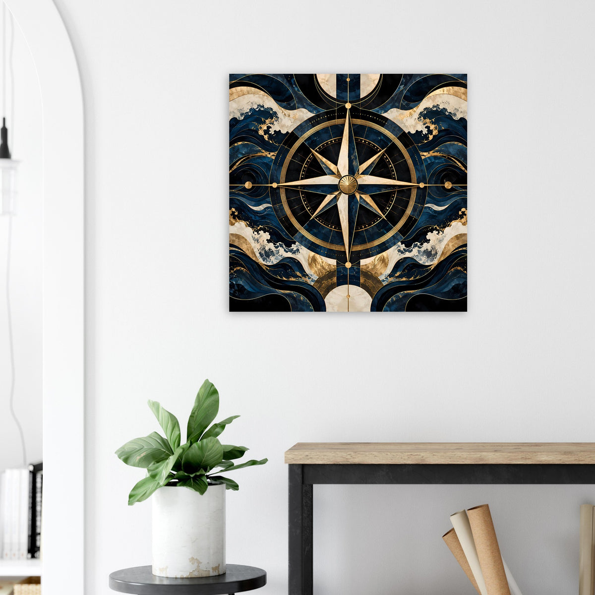 Maritimes Navigationsposter mit Kompassrose: blau-goldene Linien, goldene Zentrumskugel