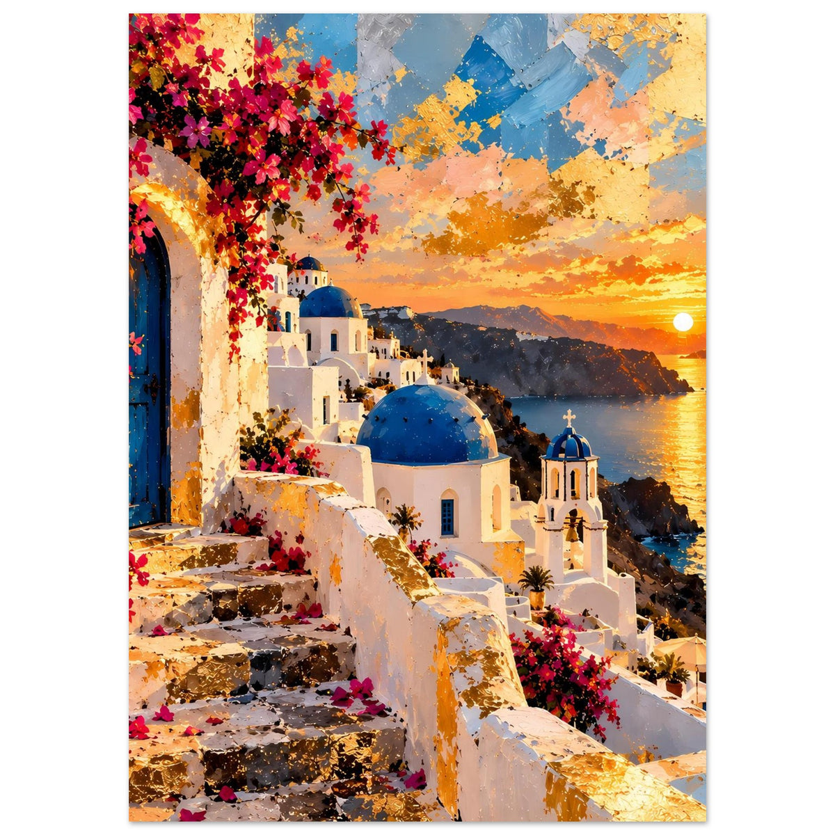 Poster Santorini: weißes Treppenhaus mit pinken Blüten, blaue Kuppel, Sonnenuntergang über dem Wasser