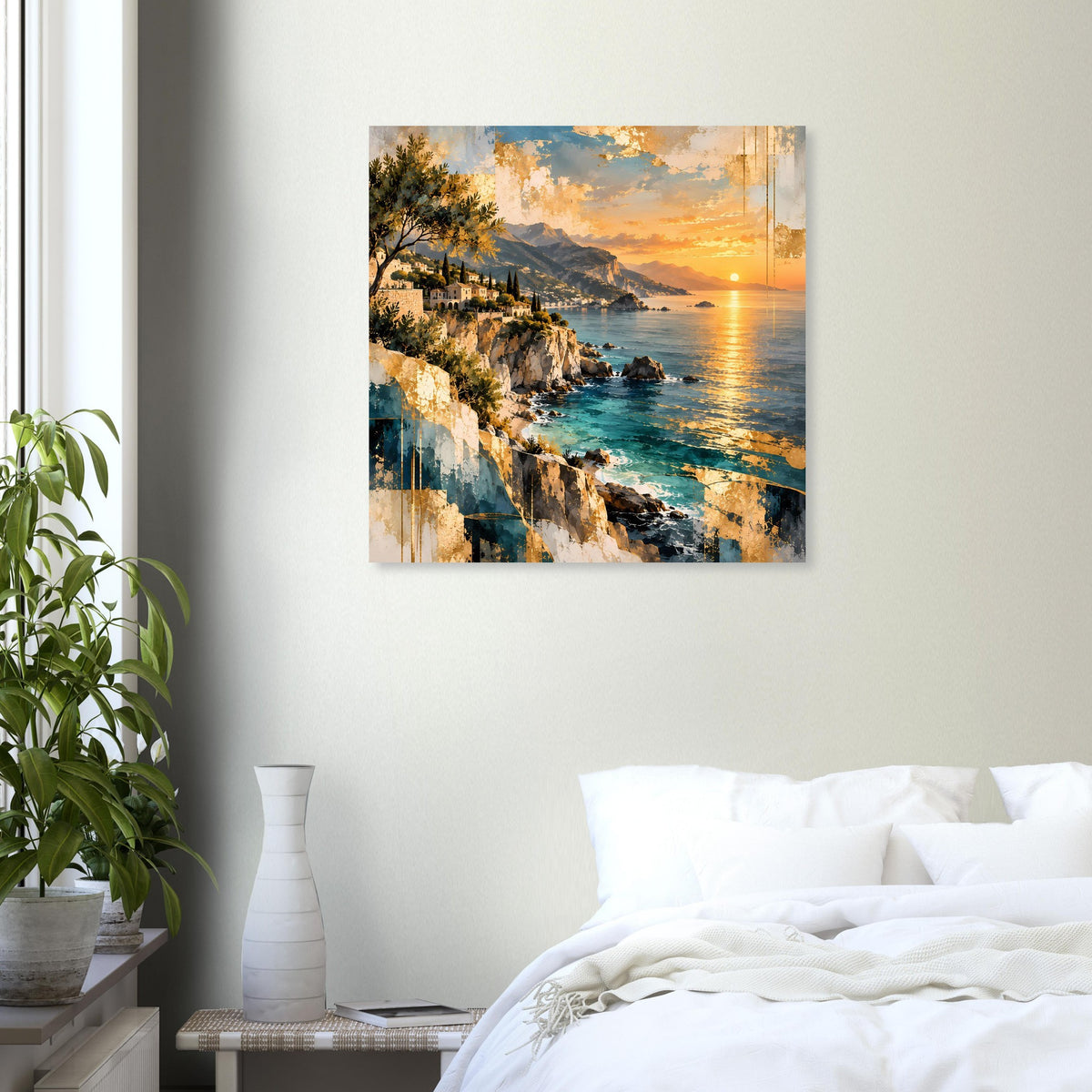 Wandposter mit felsiger Küstenlinie und Sonnenuntergang am Horizont