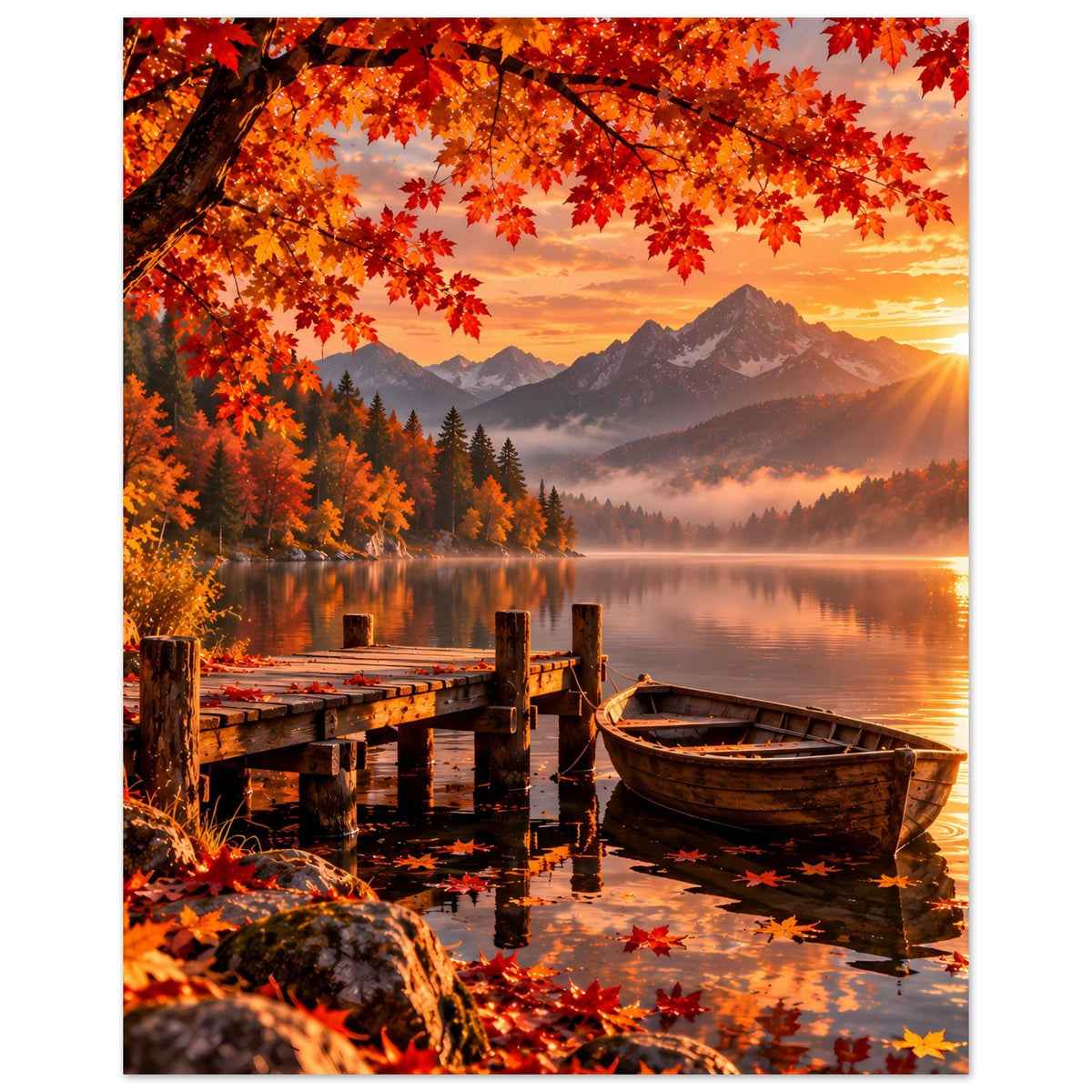 Herbst-Berglandschafts-Poster mit roten Ahornblättern oben, Bergen und Holzboot am Steg