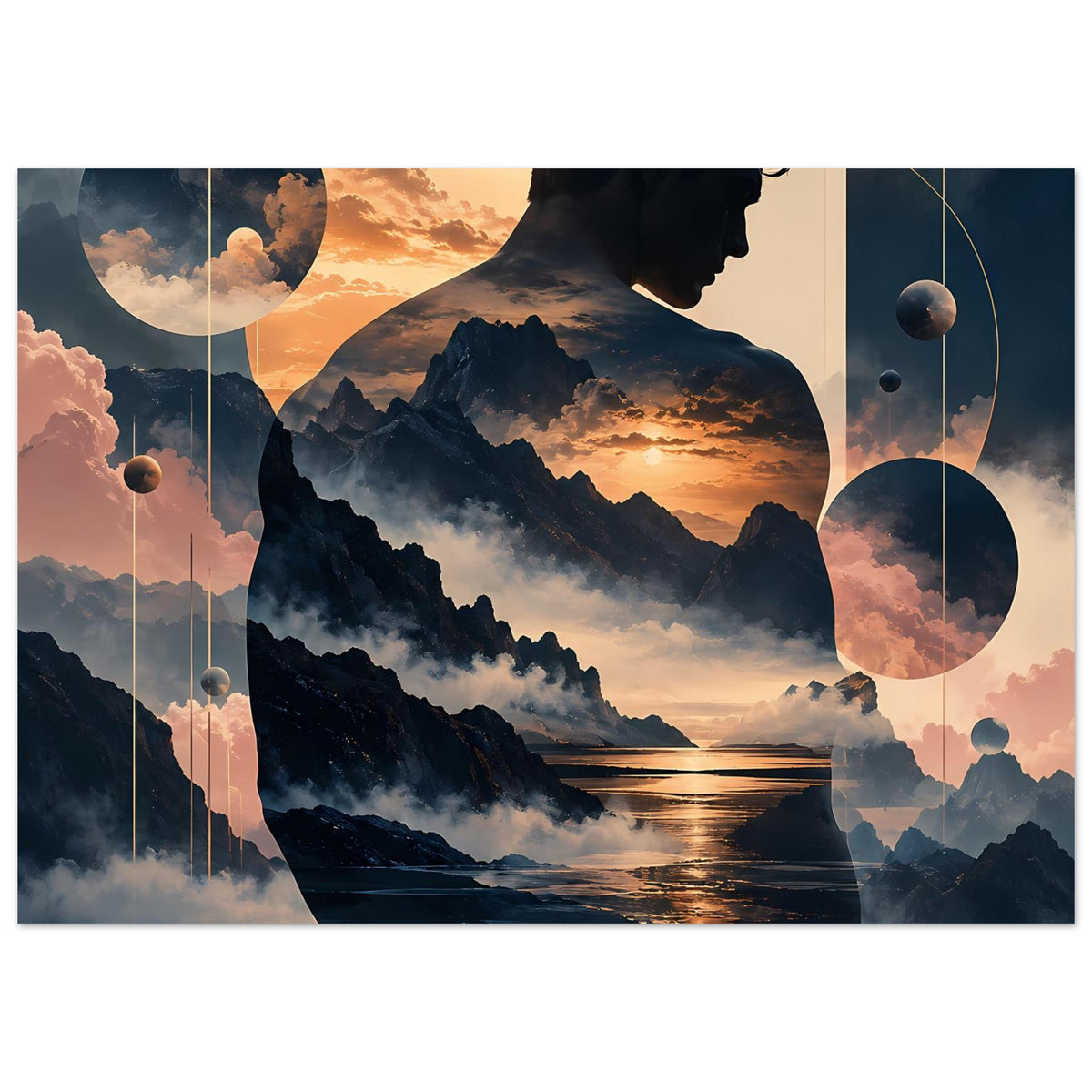 Horizontales Poster mit Männerprofil, Bergtal und Sonnenuntergang über dem Meer, Planetenformen