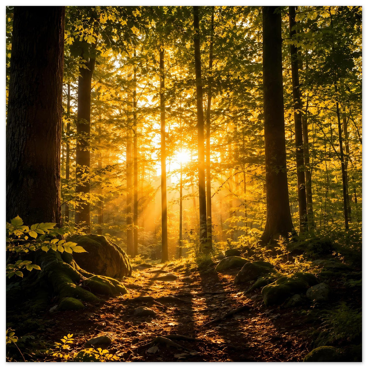 Wandposter mit Waldweg im herbstlichen Licht, goldene Sonnenstrahlen zwischen hohen Bäumen