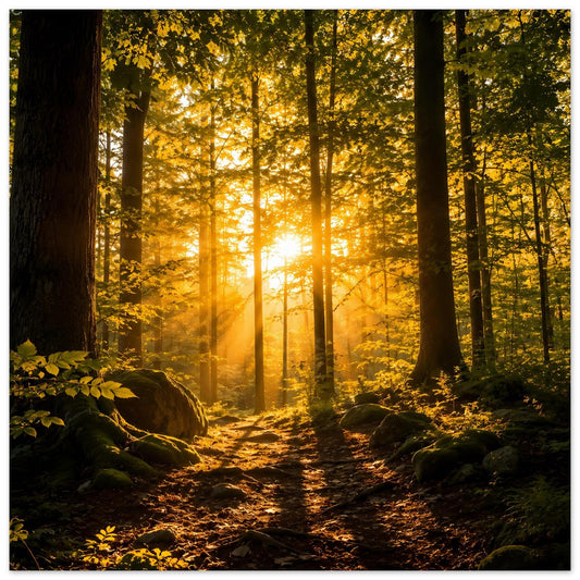 Wandposter mit Waldweg im herbstlichen Licht, goldene Sonnenstrahlen zwischen hohen Bäumen