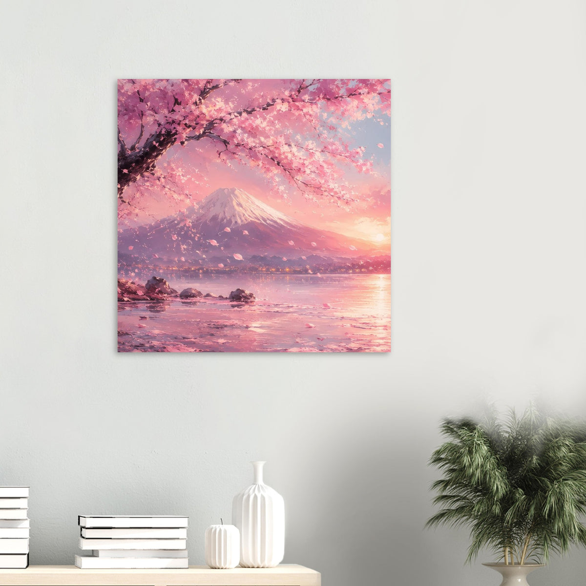 Wandposter mit Fuji-Berg, Kirschblütenblüten und rosafarbenem See im Dämmerlicht