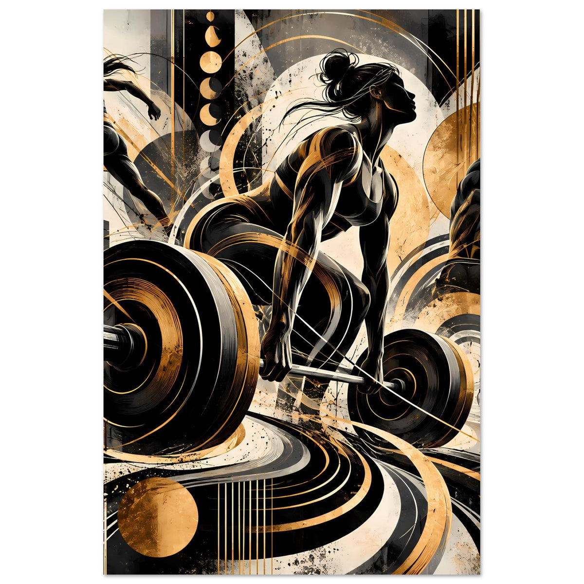 Fitness-Actionposter, vertikal mit zentraler Sportlerin und Hantelstange in Gold und Schwarz