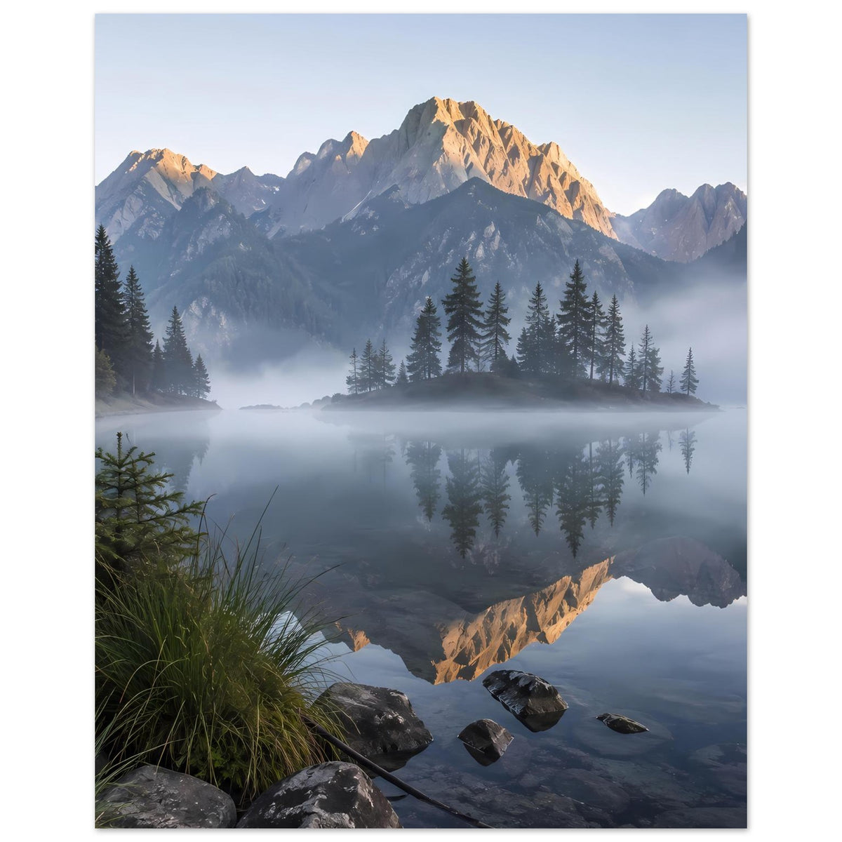 Poster mit Bergsee und Bergspiegelung, Nebel zwischen Nadelwäldern und Felsen