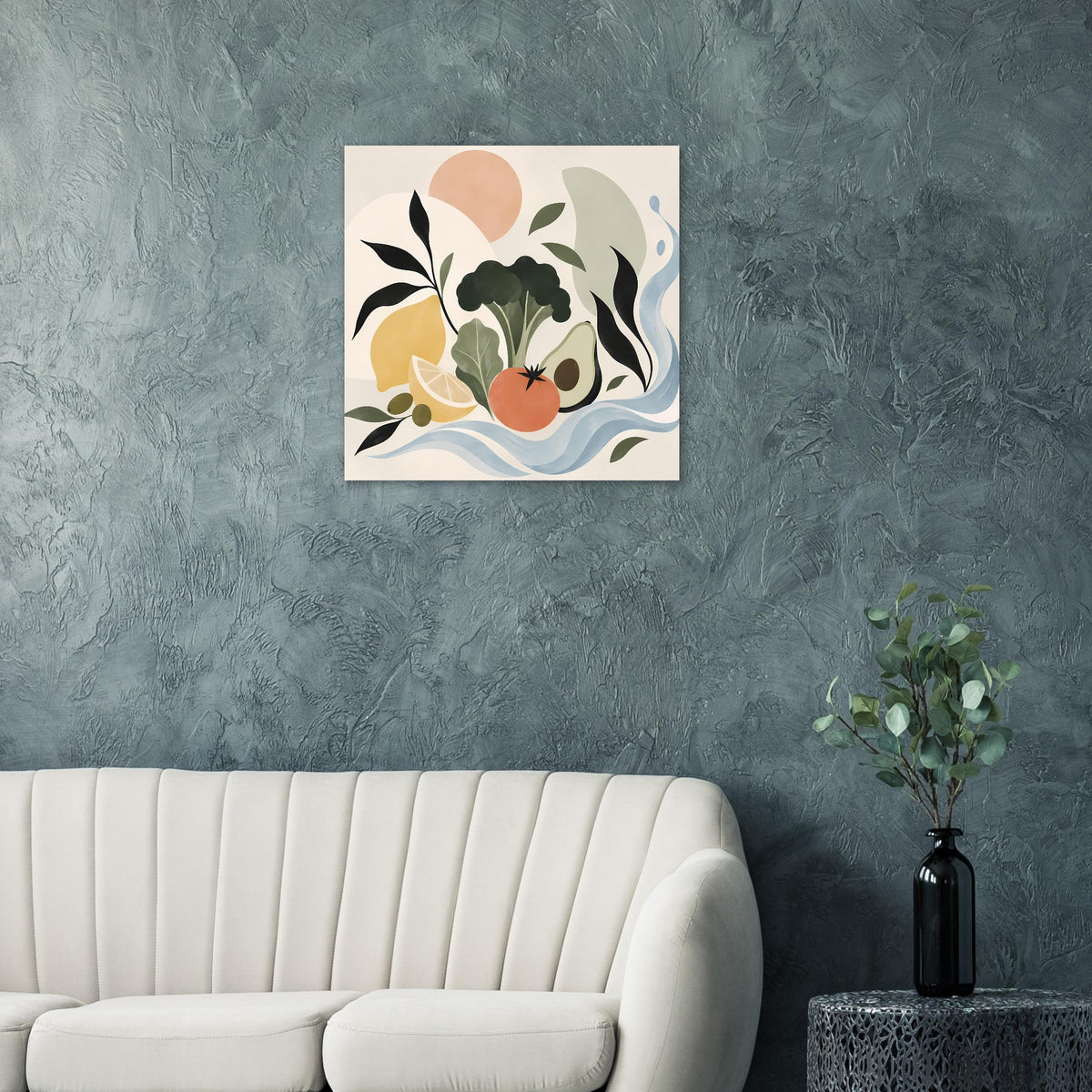 Wandposter mit abstrakter Botanik in Blau-, Grün- und Orangetönen, Blätter, Beere, Wellen