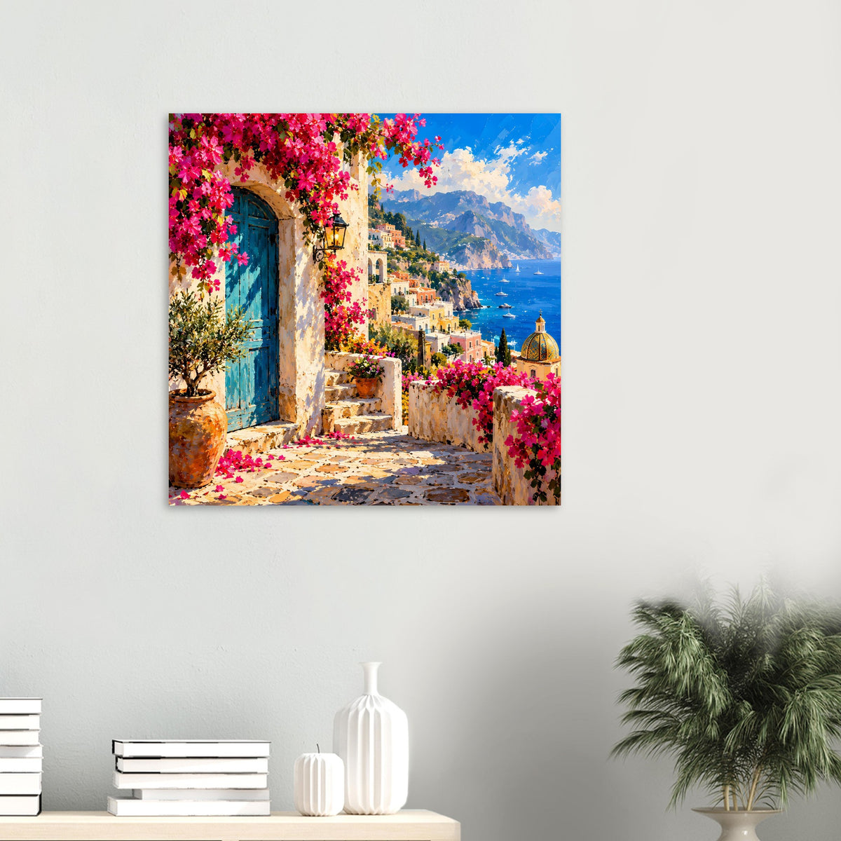 Poster: mediterrane Treppe mit blauem Tor, pinken Blüten und Bergküste mit türkisblauem Meer