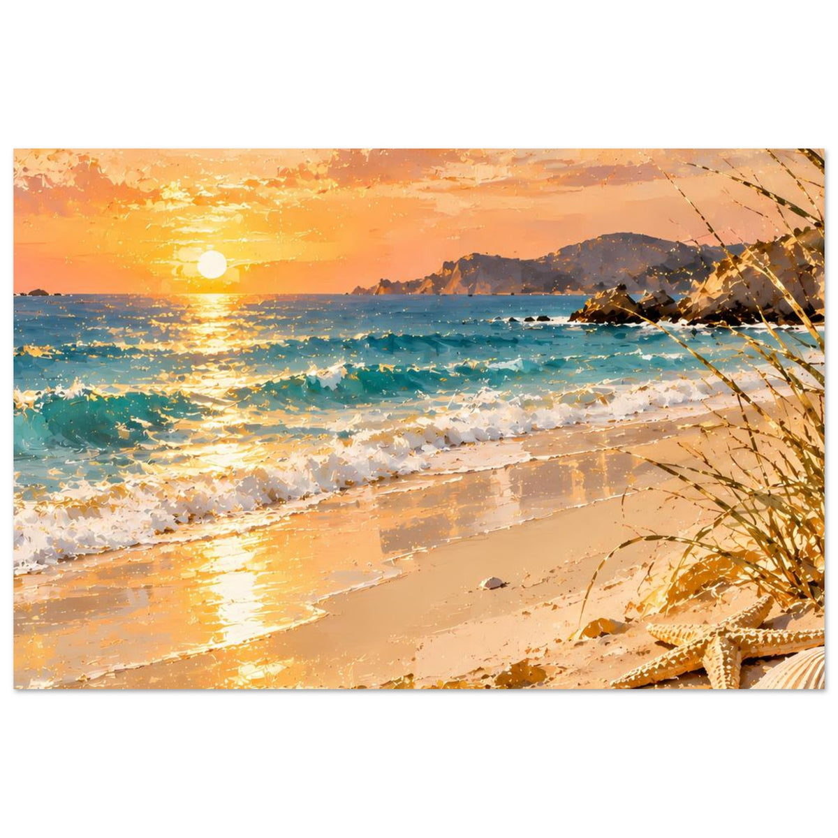 Querformat-Poster: goldener Sonnenuntergang, Meeresschaum und Sandstrand mit Astdetails