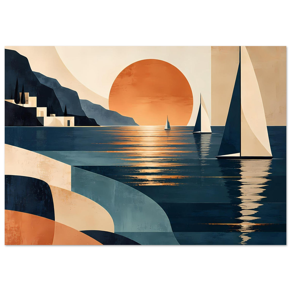 Poster (Querformat): Sonnenuntergang am Wasser mit Segelbooten und klaren Spiegelbildern