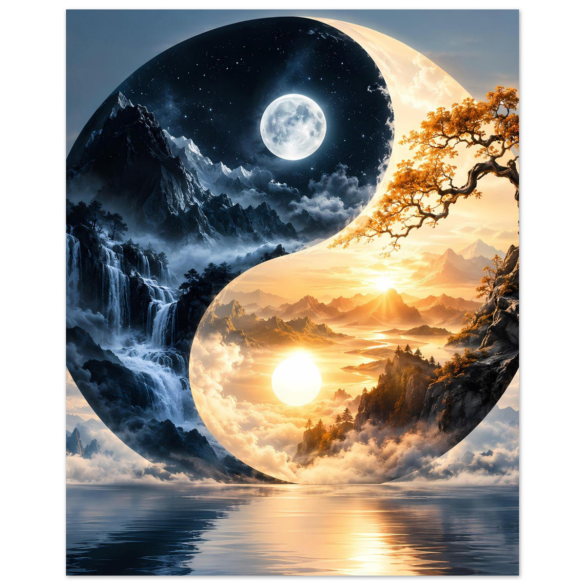 Poster mit Yin-Yang Landschaft: Mond am Himmel, Sonne im Tal, See mit Spiegelung