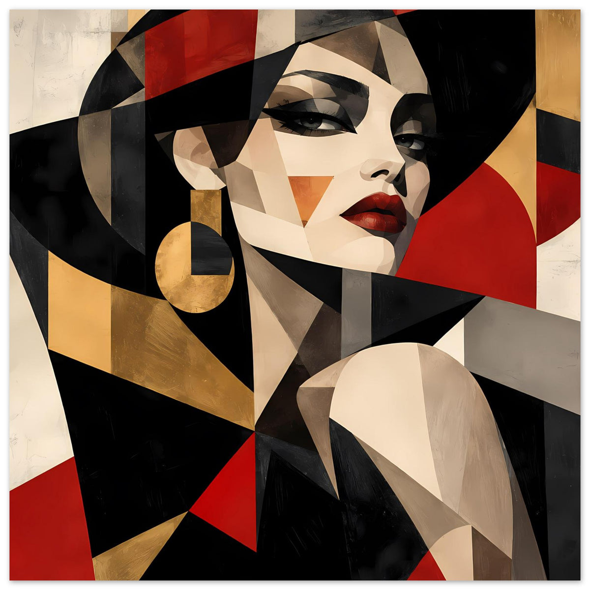 Abstraktes Porträt einer Frau mit rotem Lippenmotiv, geometrisch in Schwarz und Gold