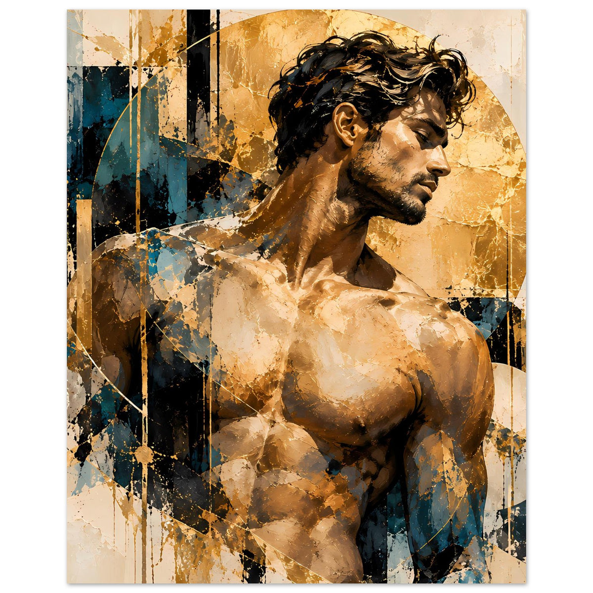 Kunstposter mit Aktmotiv eines Mannes im Profil, goldene Highlights und blaue Bereiche, hochkant