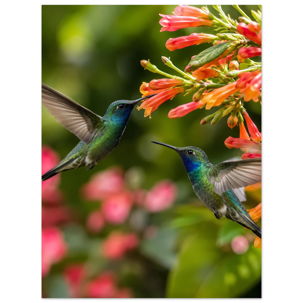 Hummelvogel-Blütenposter: zwei blaue Kolibris auf orangefarbenen Blütenzweigen