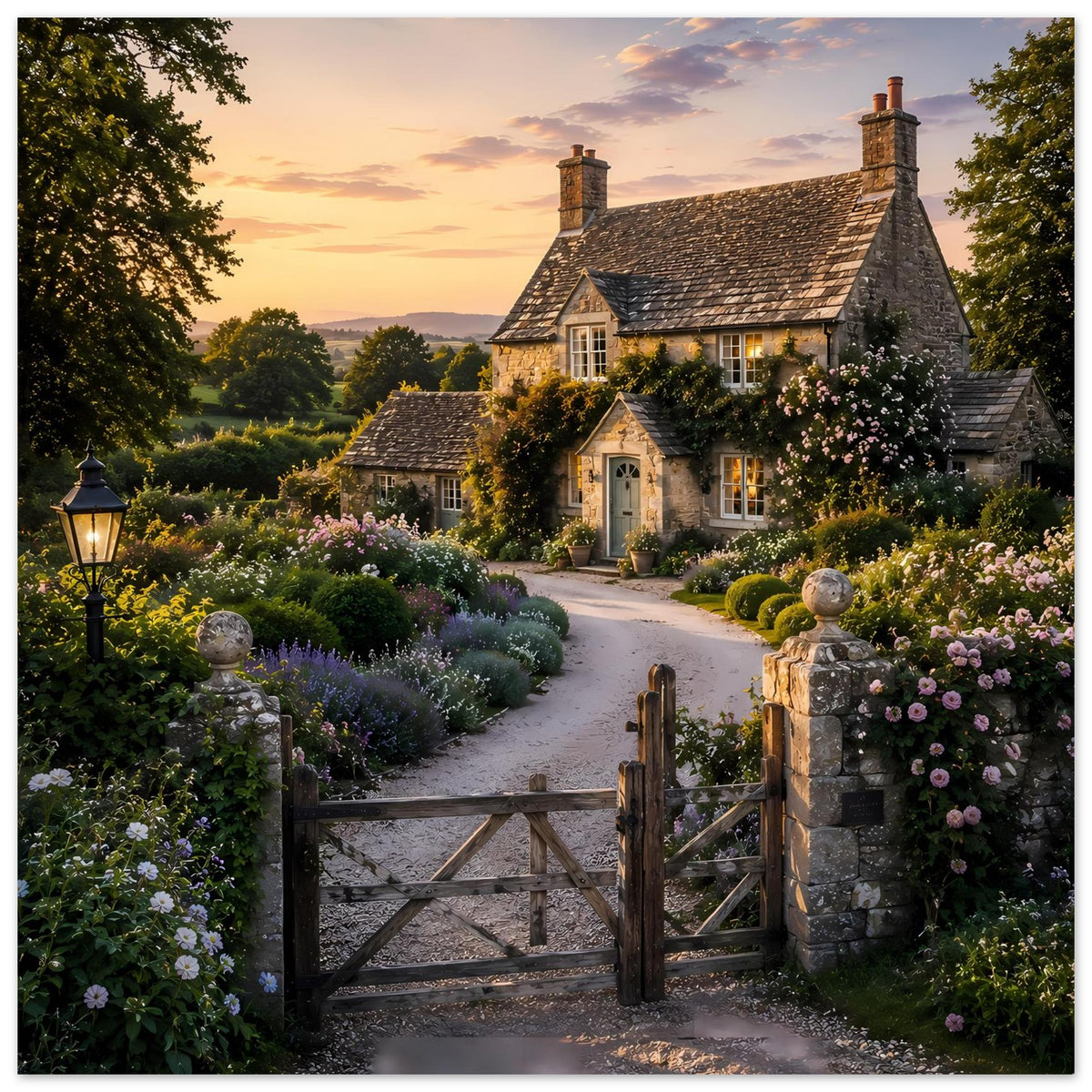 Premium-Poster: Blick auf Cottage und Gartenweg mit Blumenbeeten und Torzaun bei Dämmerung