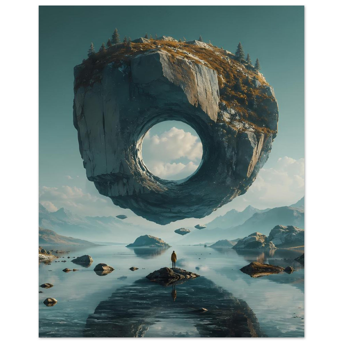 Surreales Poster im Hochformat: schwebender Felsring über See mit Inseln und Pfad.