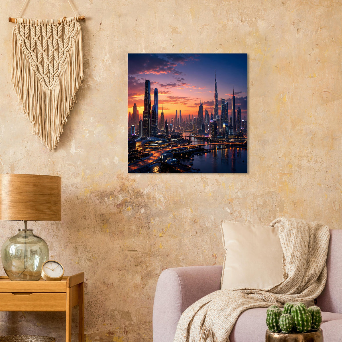 Quadratisches Poster: Skyline bei Sonnenuntergang, leuchtende Hochhäuser am Wasser.