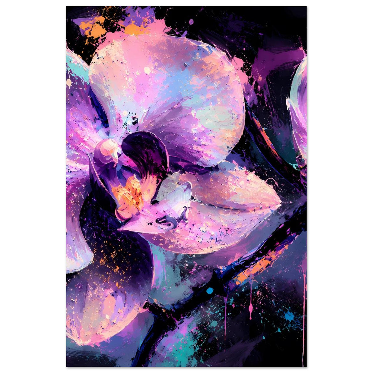 Abstraktes Neon-Orchideenposter mit violetten und pinken Blütenformen, dynamische Farbspritzer.