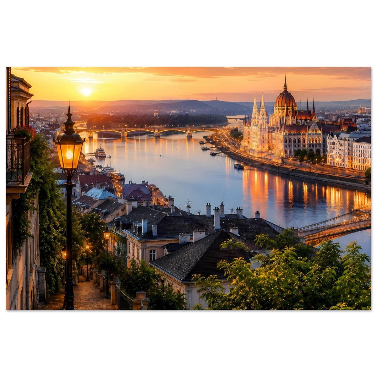 Cityscape-Poster im Querformat mit Sonnenuntergang, Fluss und beleuchteter Kathedrale rechts