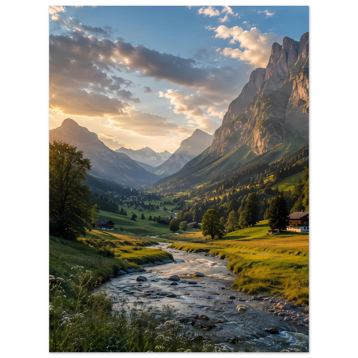 Vertikales Poster mit Alpenlandschaft im Sonnenuntergang, Fluss, Wiesen und Felsmassiv.