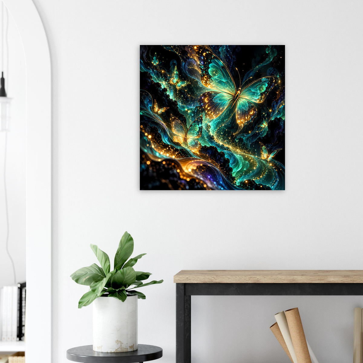 Schmetterlingsposter mit türkis-blauem Schimmer und goldenen Reflexen, detailreiche Flügel