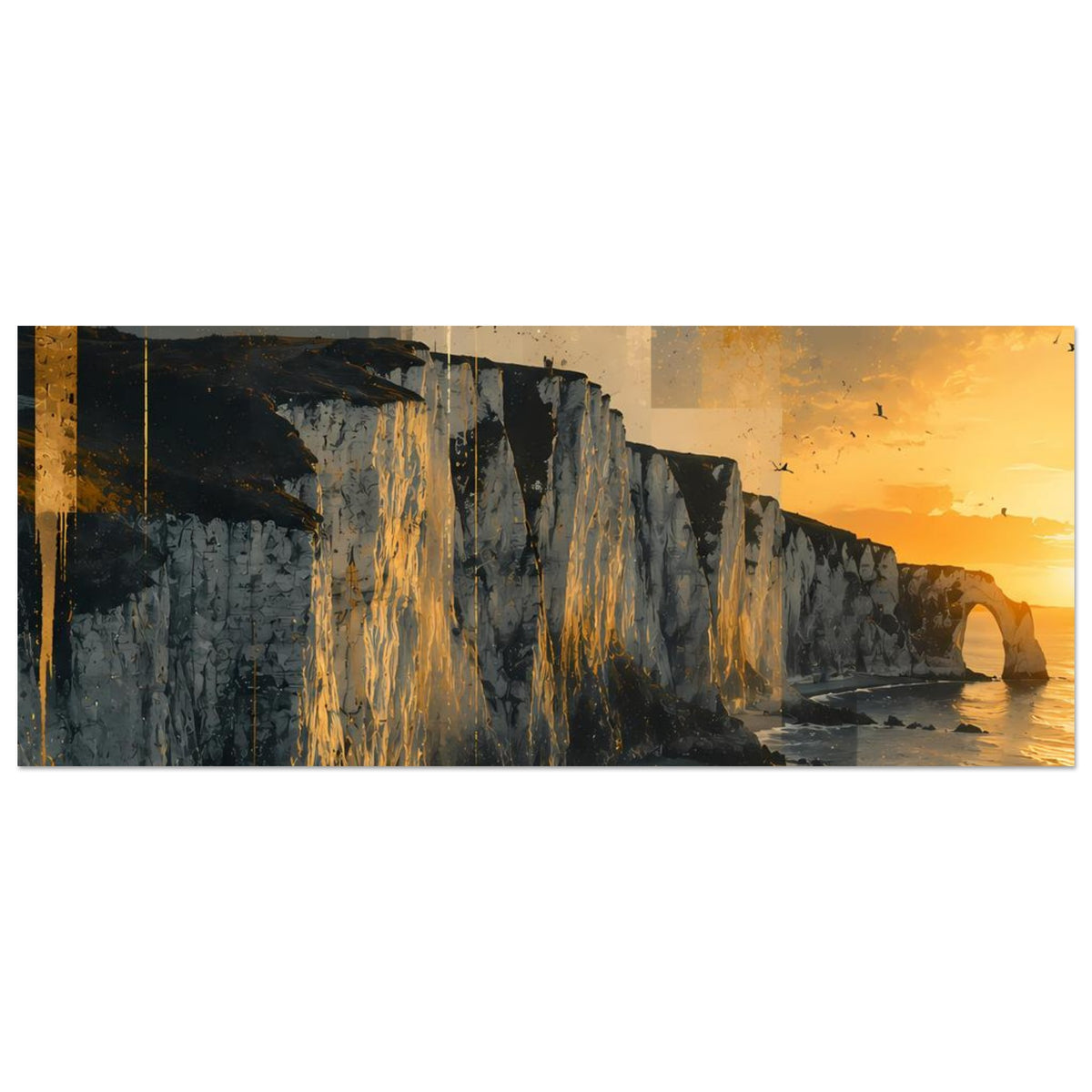 Querformat-Poster mit Klippenküste und Sonnenuntergangslicht, Wellen am Strand