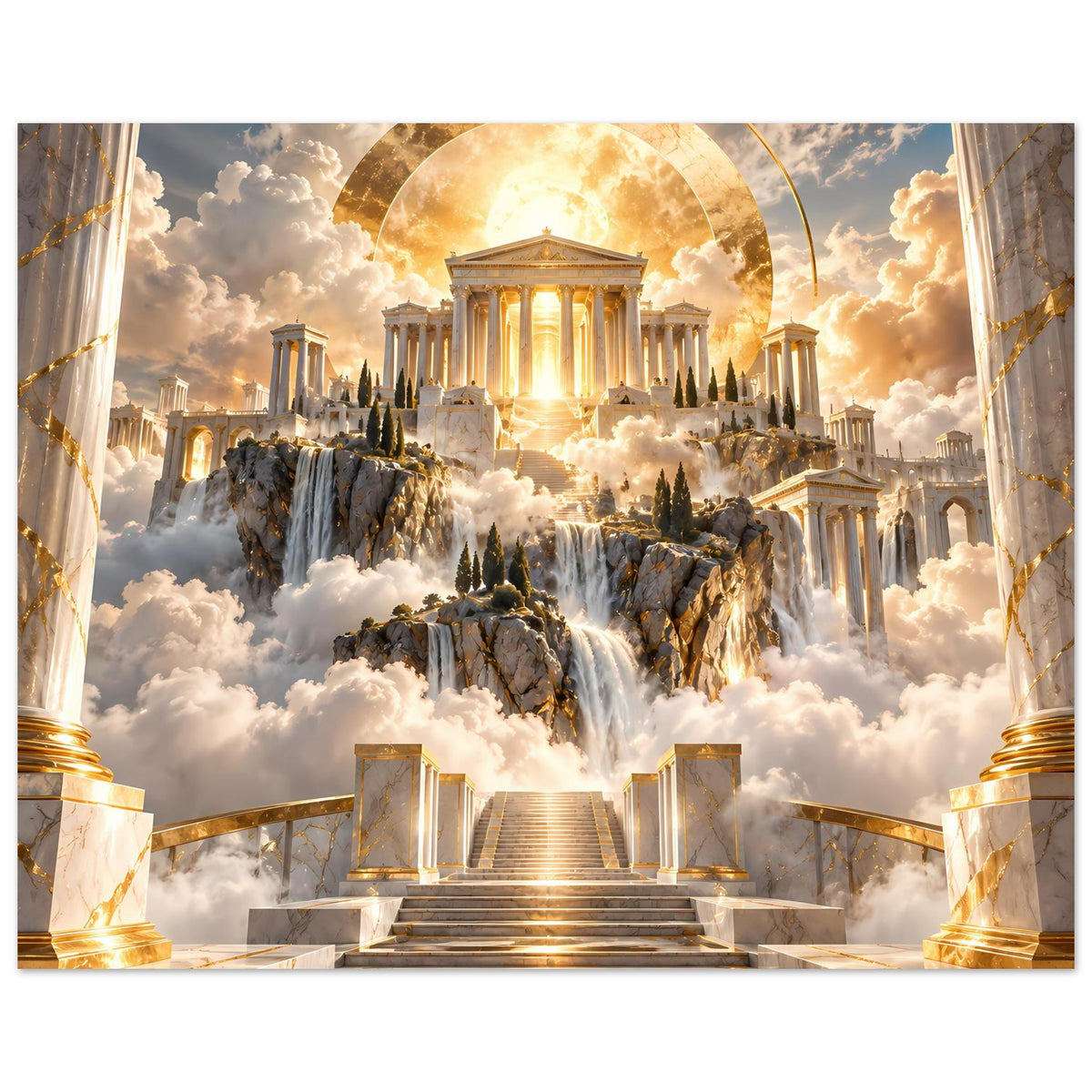 Poster mit Tempel, Wasserfällen und goldener Lichtbahn im Sonnenkreis