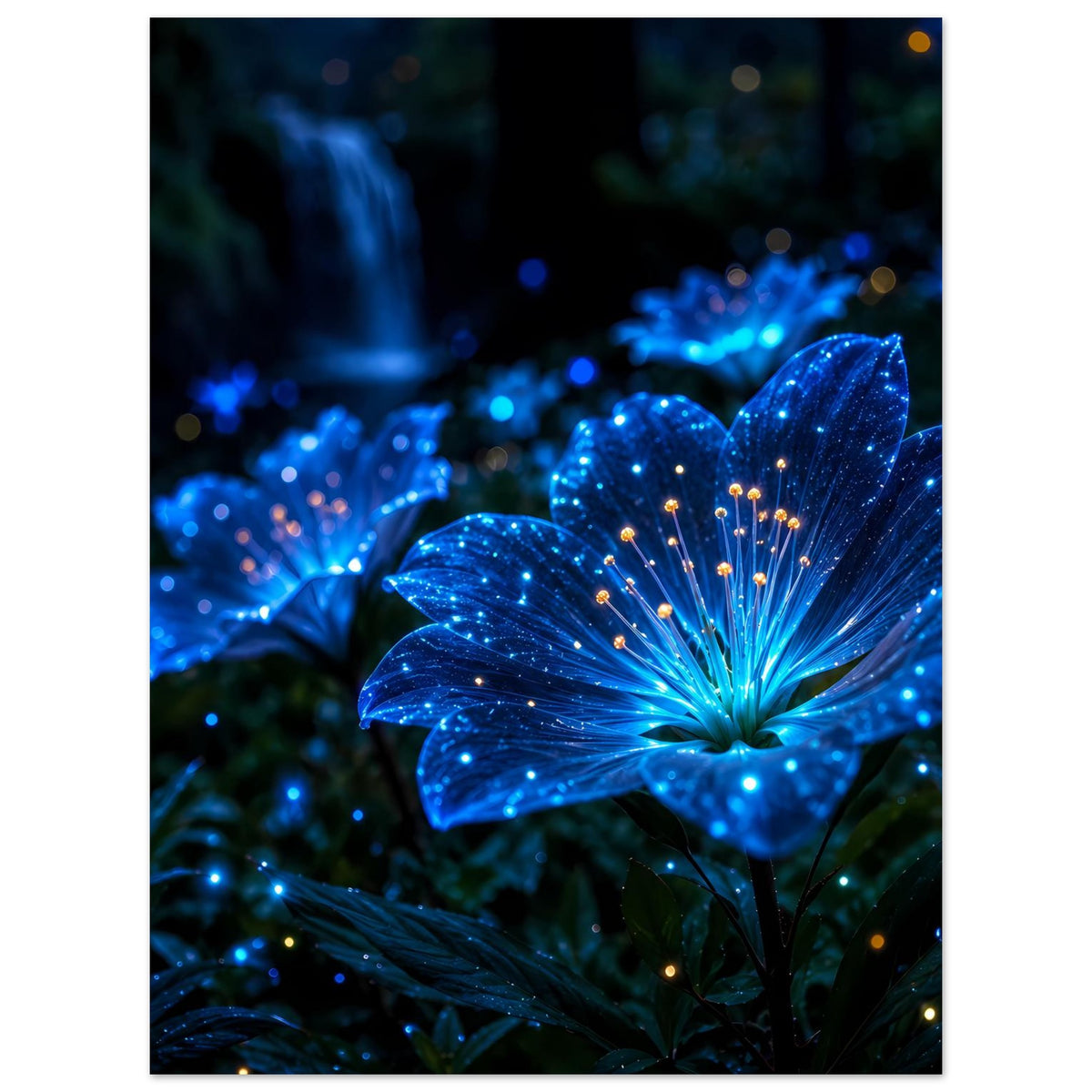 Poster mit leuchtenden blauen Blüten und feinen Lichtpunkten, Nachtmotiv