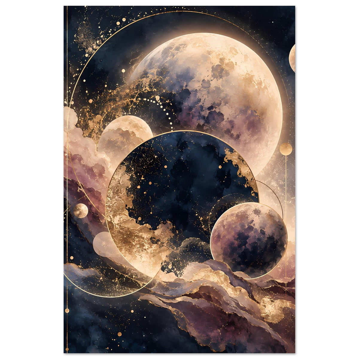 Vertikales Poster mit Planeten- und Mondmotiv, großer Mond oben, dunkles Blau und Goldakzente
