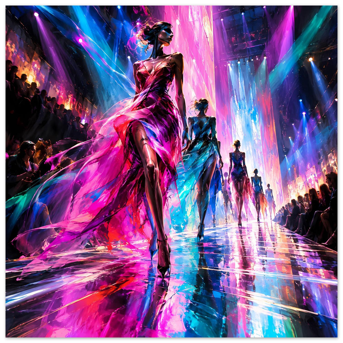 Querformatiges Runway-Poster mit Model auf dem Laufsteg, leuchtende Magenta- und Türkislichter
