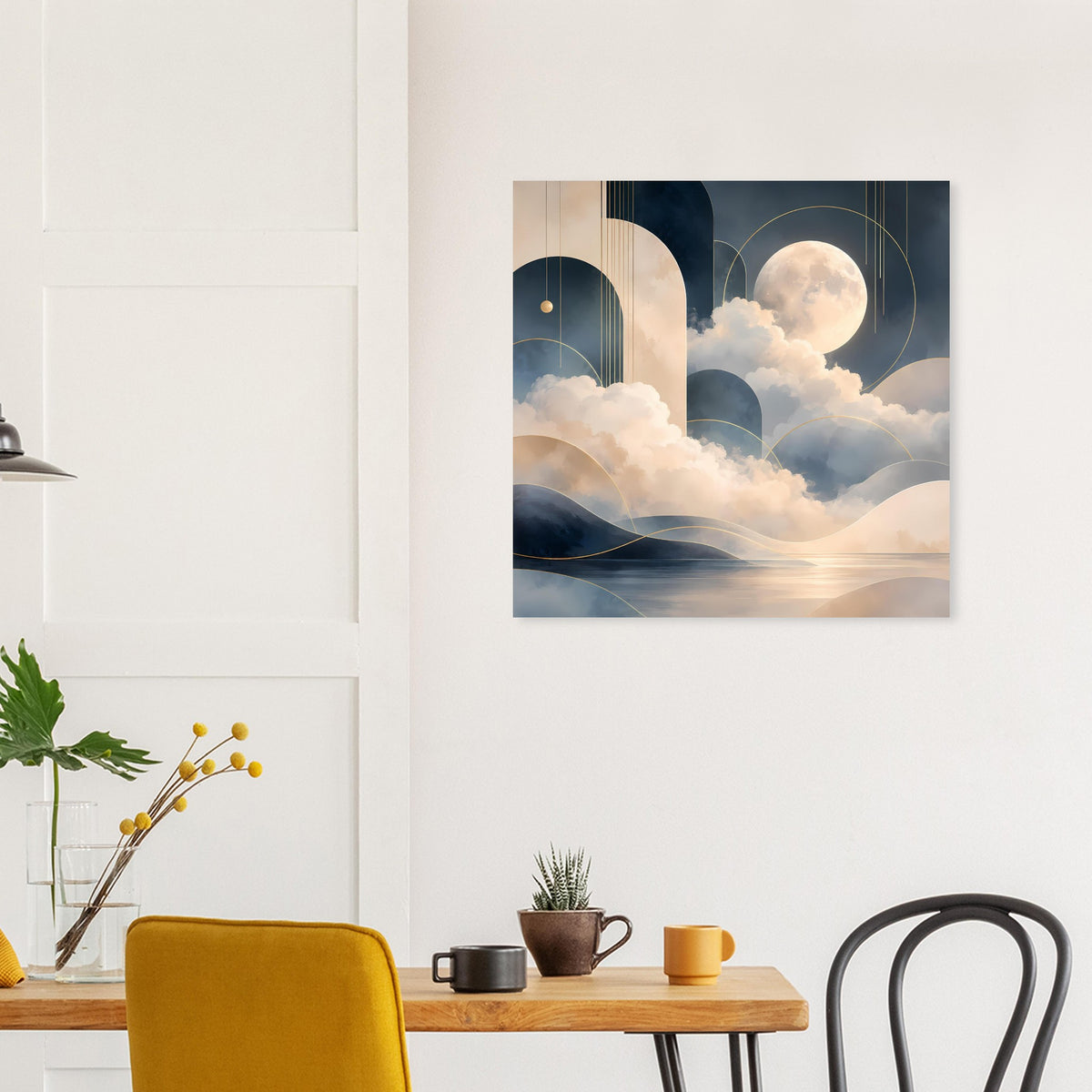 Abstraktes Mondlandschafts-Poster mit goldenen Akzenten, dunkles Himmelsbild mit Mond