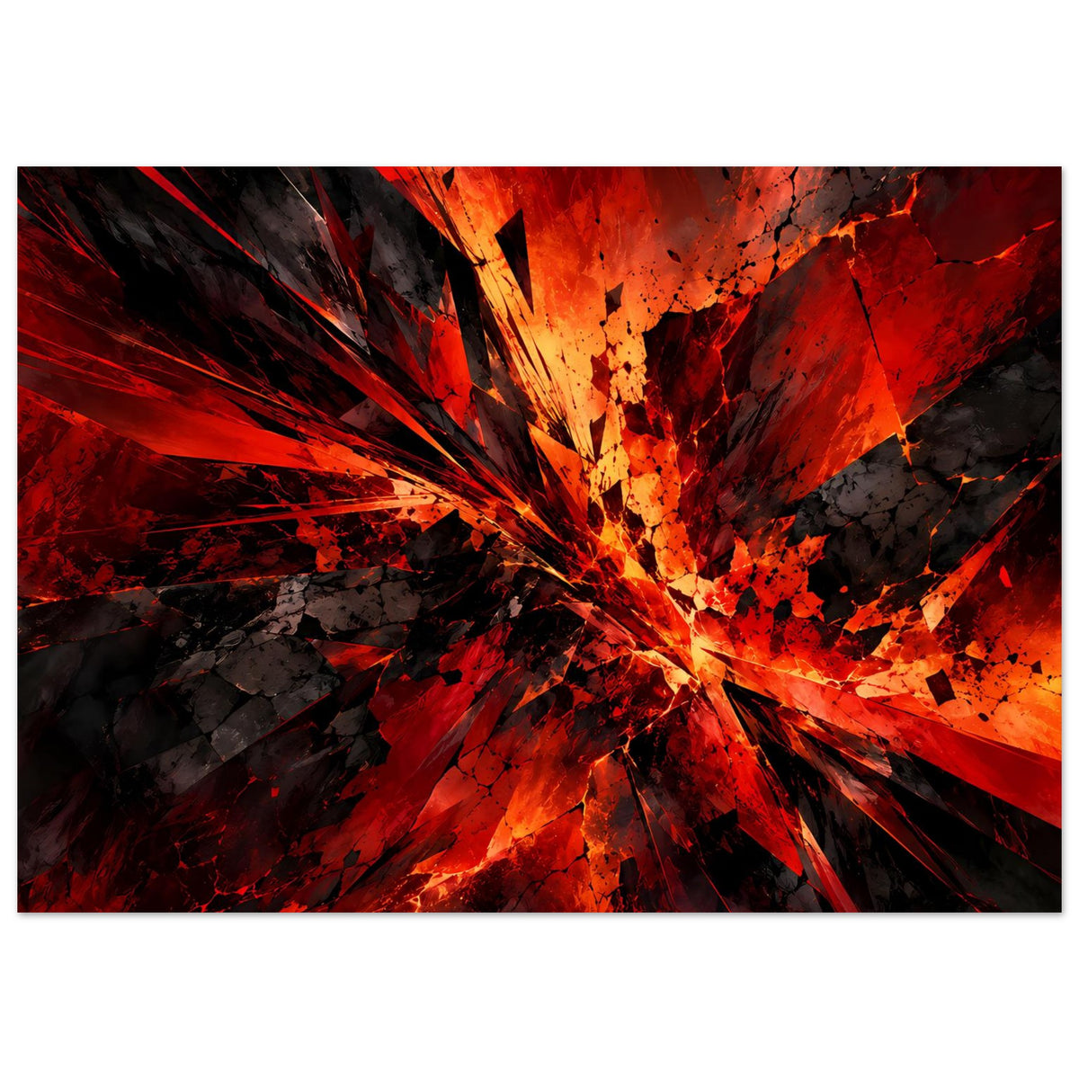 Abstraktes Poster mit sternförmiger Explosion und Spritztextur in Rot, Orange und Dunkelgrau