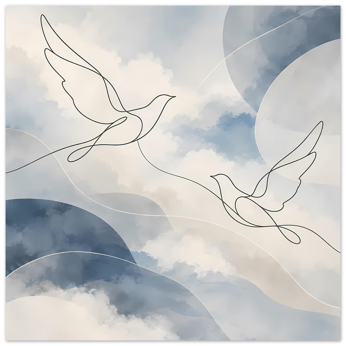 Abstraktes Querformat-Poster: Tauben-Silhouetten als Linien und blaue Wolkenflächen