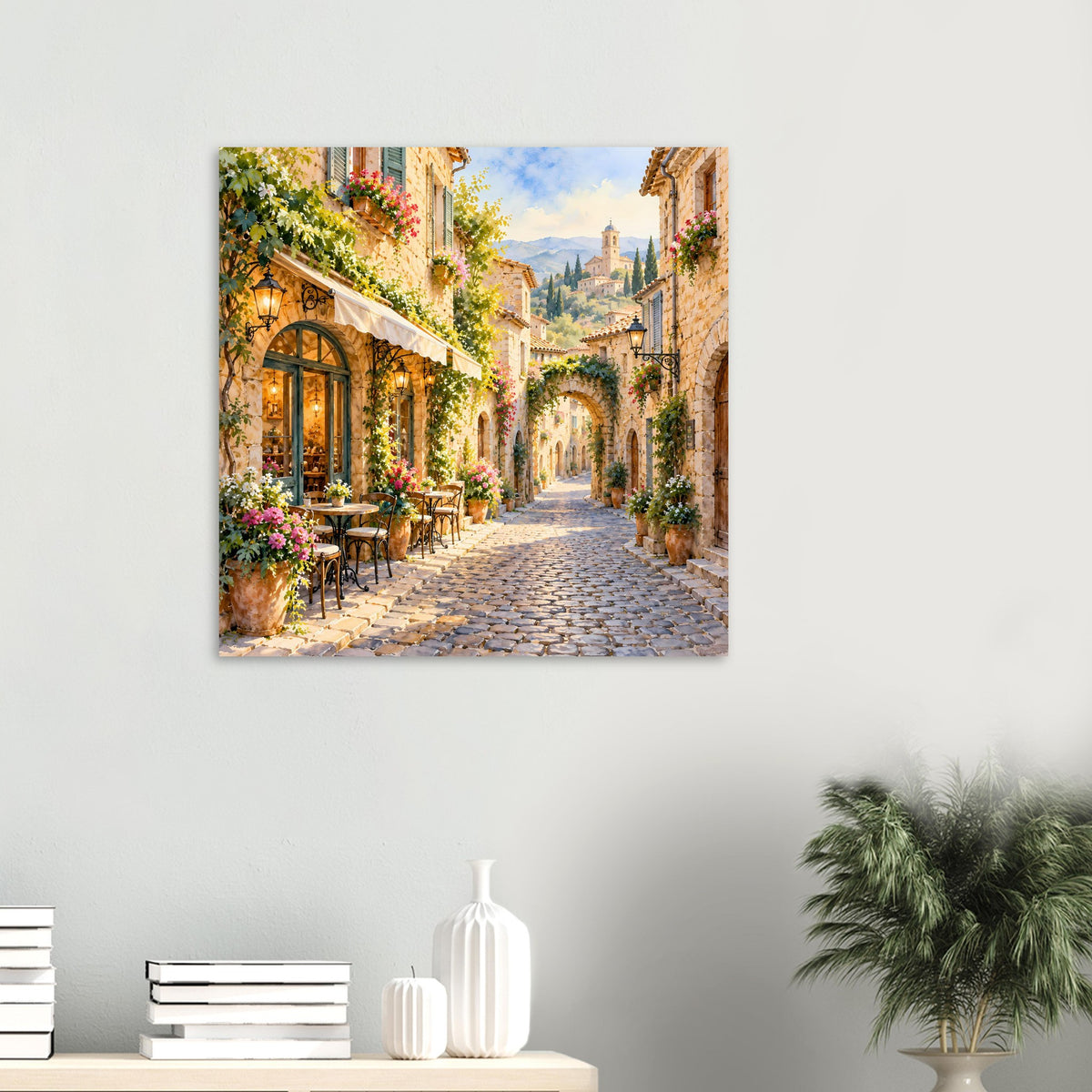 Poster mit mediterraner Dorfstraße, gepflastertem Weg und Blumen an den Häusern