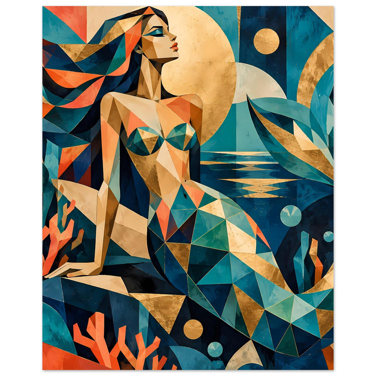 Geometrisches Meerjungfrauen-Kunstposter im Hochformat, stilisierte Meerjungfrau in Türkis und Koralle