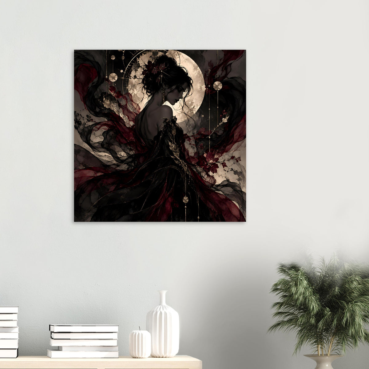 Quadratisches Poster mit Silhouette einer Frau, Mond, Schleier und herabhängende Kreise