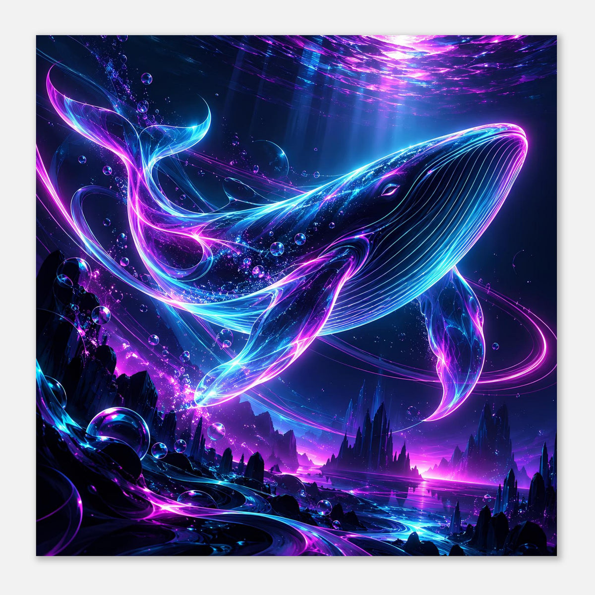 Neon-Wal Poster im quadratischen Zuschnitt, leuchtende Pink- und Blaulinien im dunklen Meer