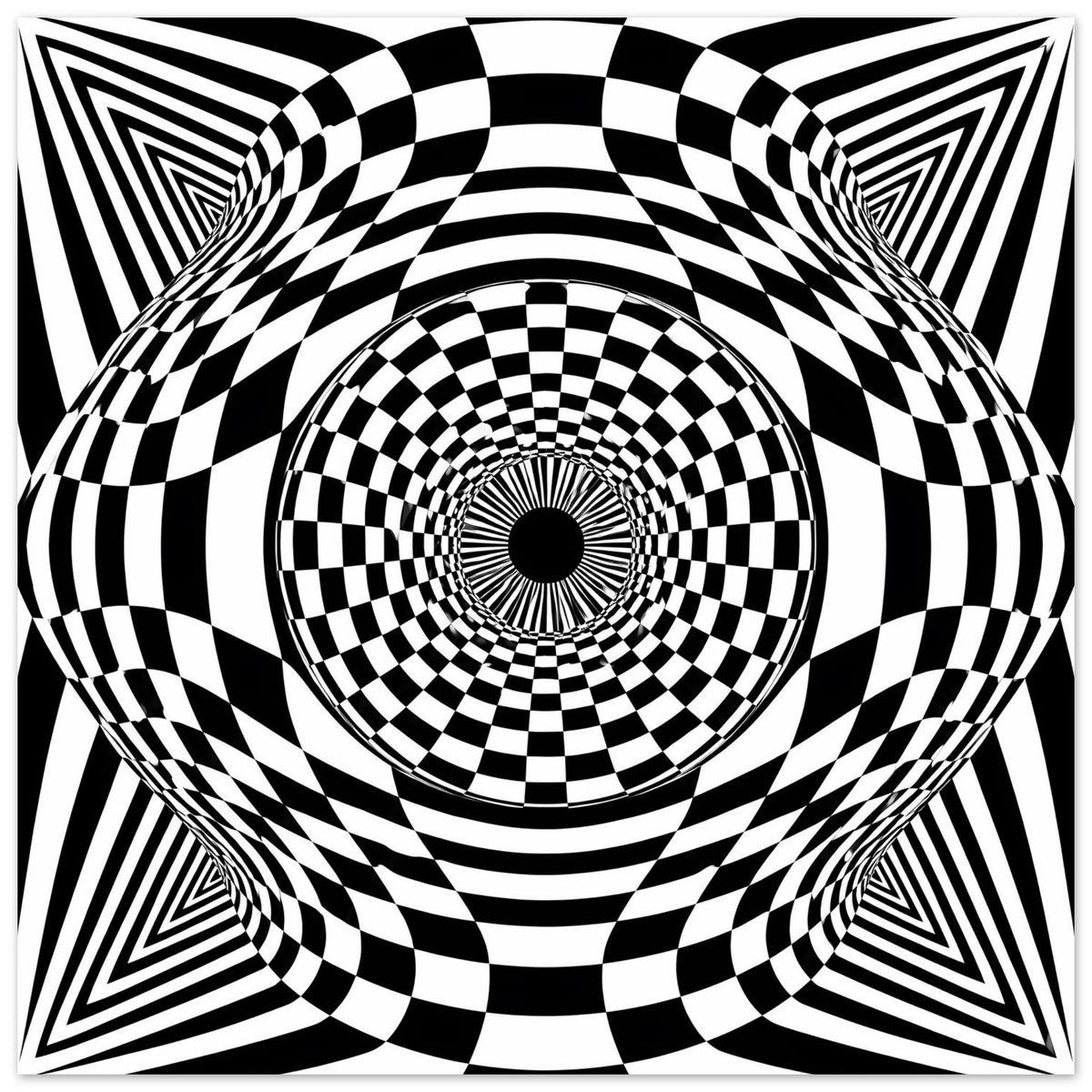 Quadratisches Schwarz-Weiß-Poster mit kreisförmiger Schachbrett-Tunnelillusion